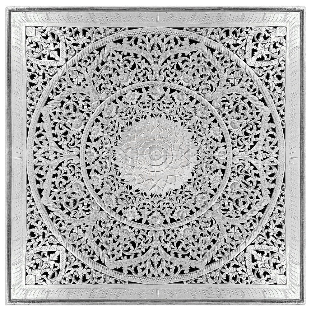 Carved Bed Headboard "Manusa" - White Wash