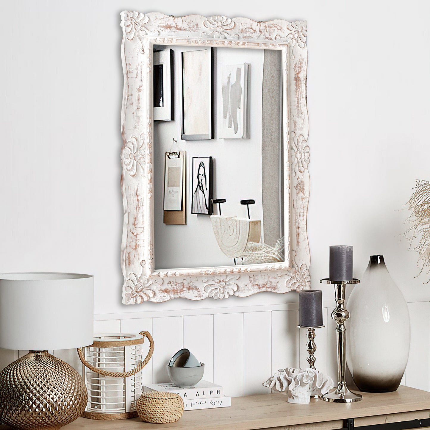 Hand Carved Mirror "Pertiwi" White Wash - 90 cm