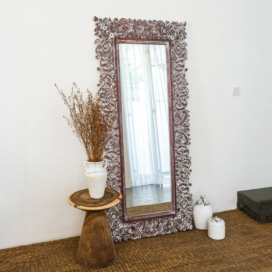 Custom Hand Carved Mirror "Agung" Brown Wash - 200x100 cm