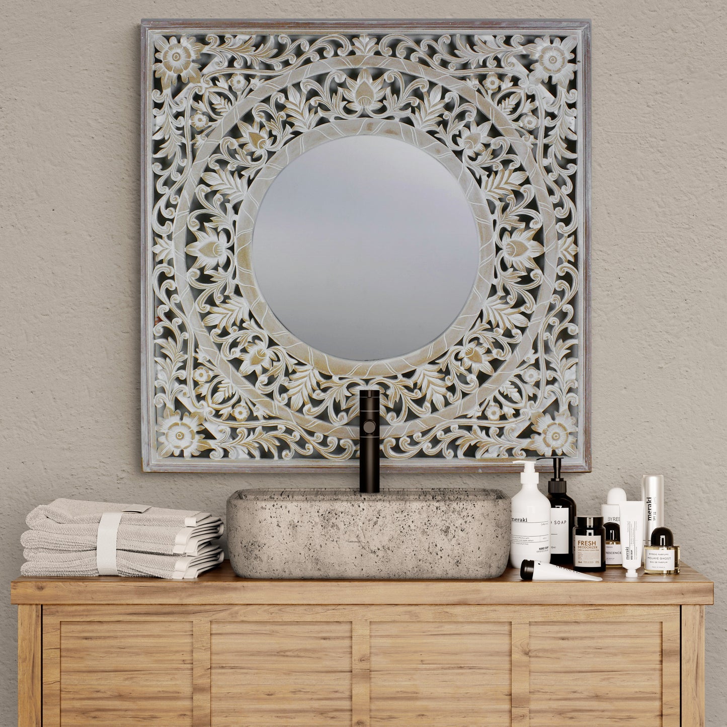 Hand Carved Mirror "Kilau" Antic-wash - 70 cm