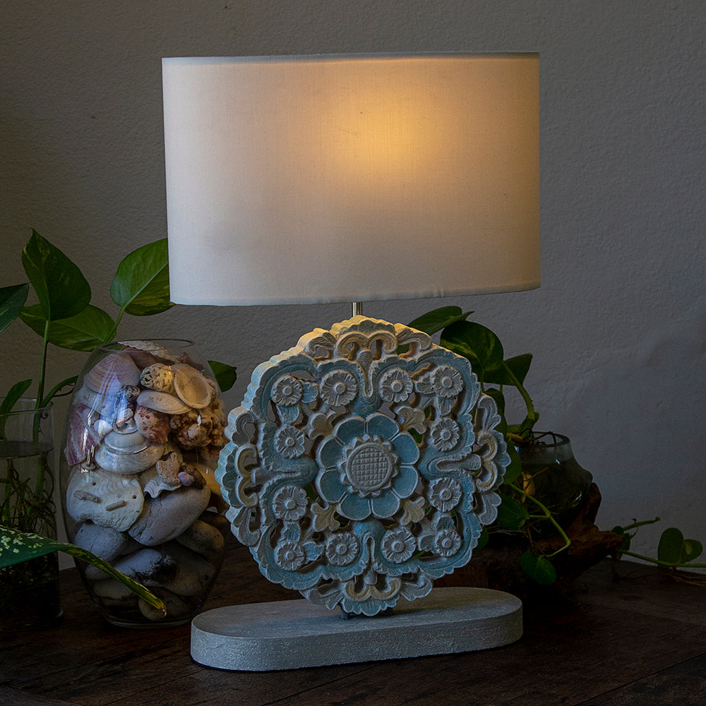 Carved Table Lamp 'Diya' - Blue