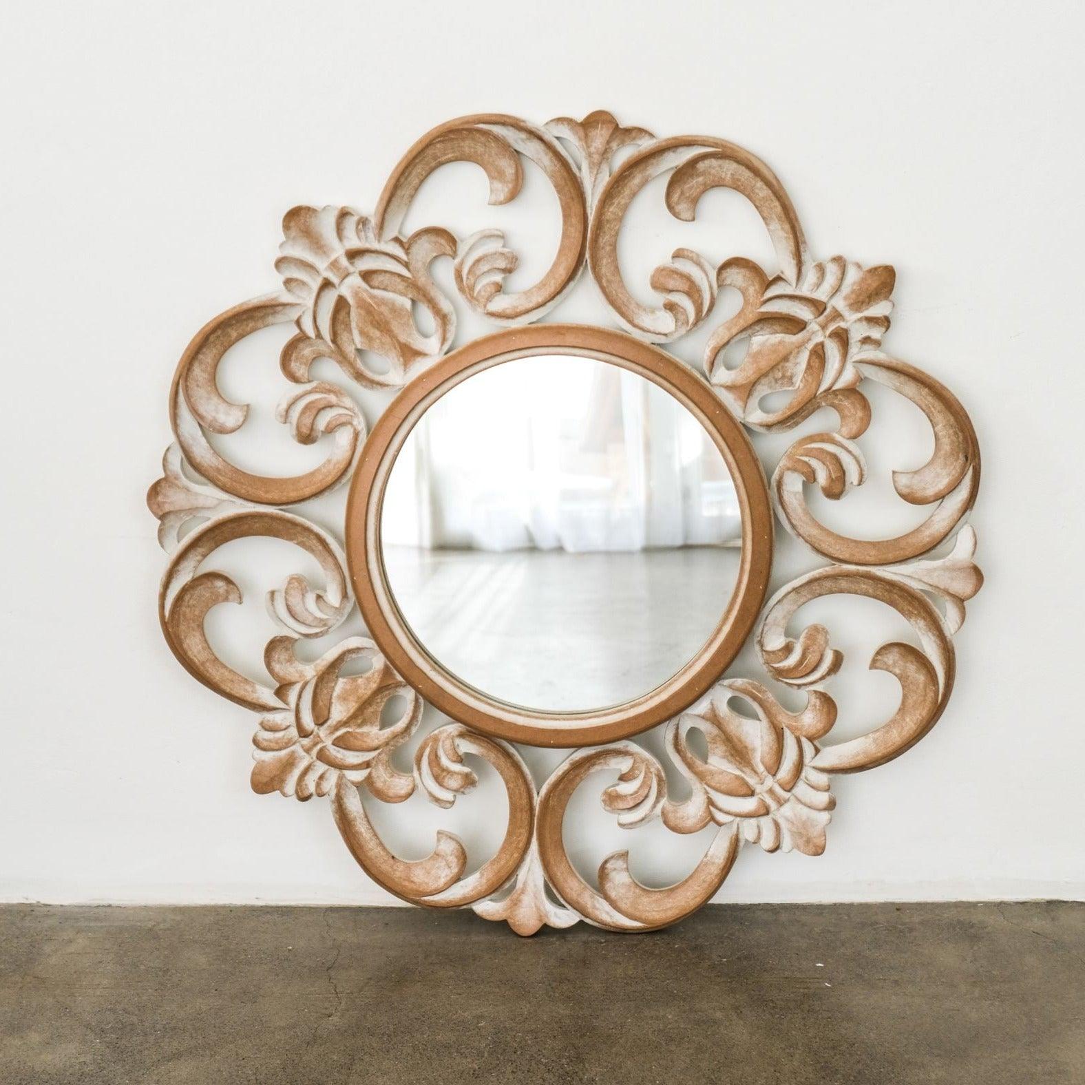 Hand Carved Mirror "Roopa" Antic Wash - 80 cm - Kulture Home Decor