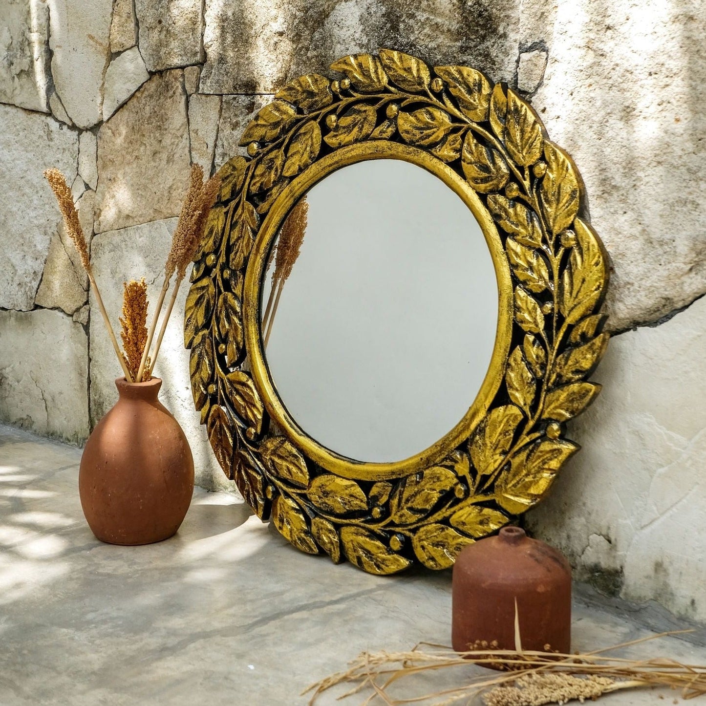 Hand Carved Mirror "Surya" Gold Wash - 70 cm