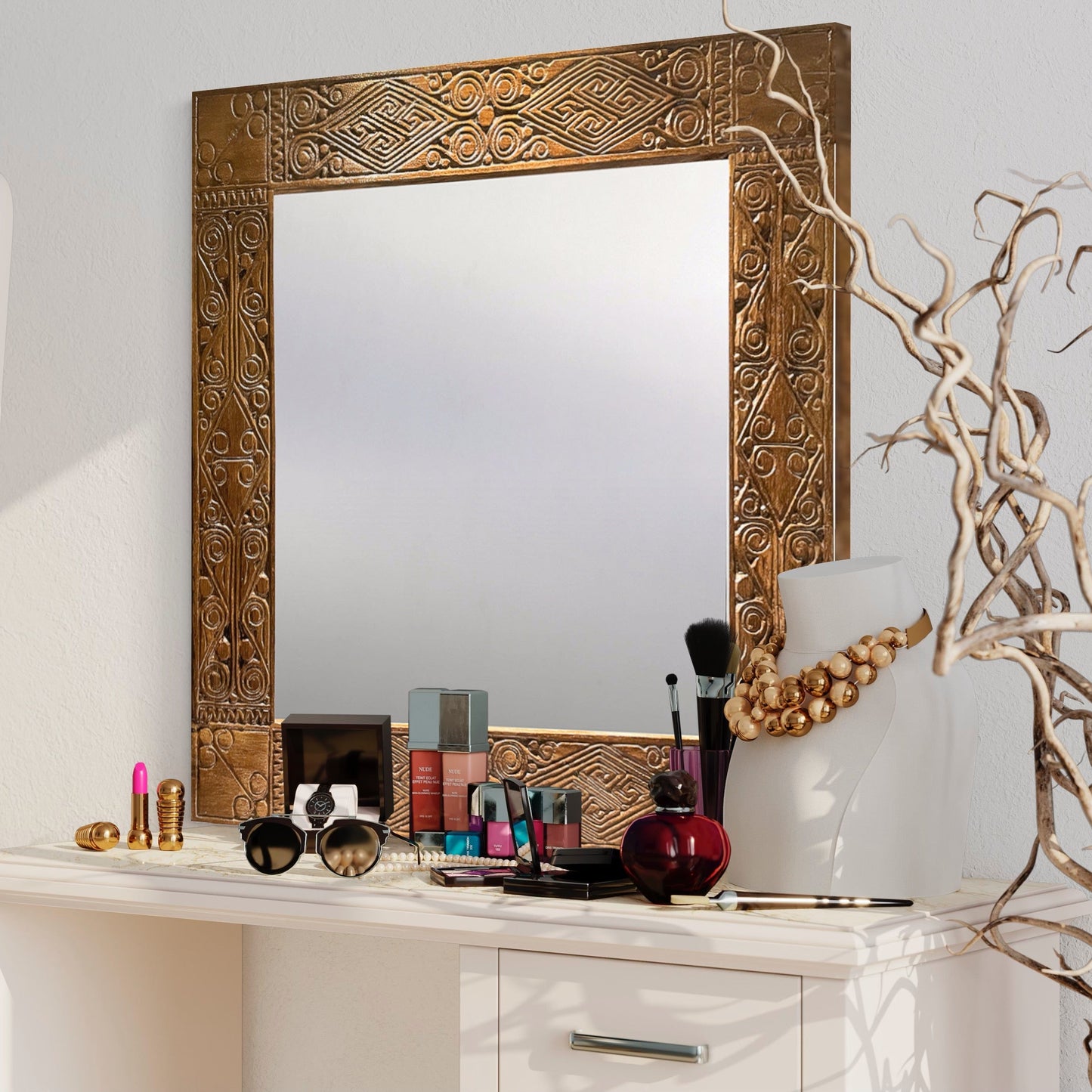 Hand Carved Mirror "Dili" - Natural brown - 180cm