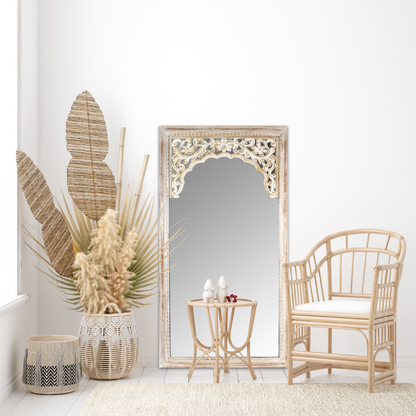 Hand Carved Mirror "Cahaya" in antic wash - 150 cm