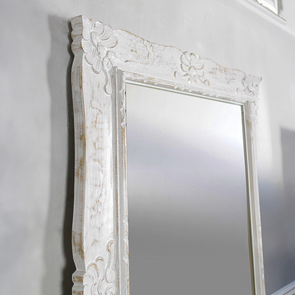 Hand Carved Mirror "Pertiwi" White Wash - 90  cm