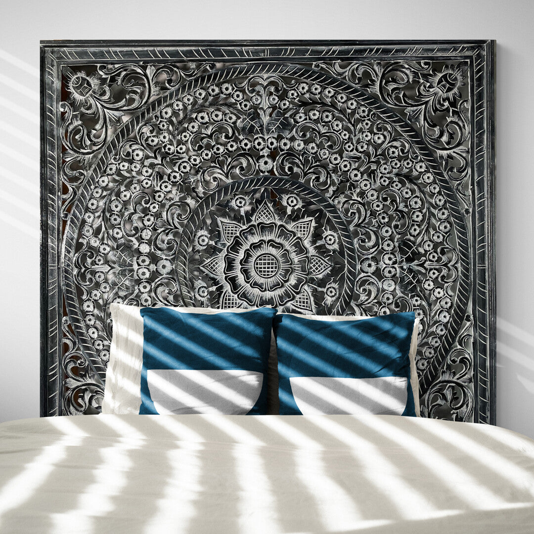 Carved Bed Headboard "Peony" - Monochrome