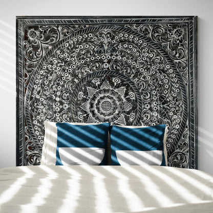 Carved Bed Headboard "Peony" - Monochrome