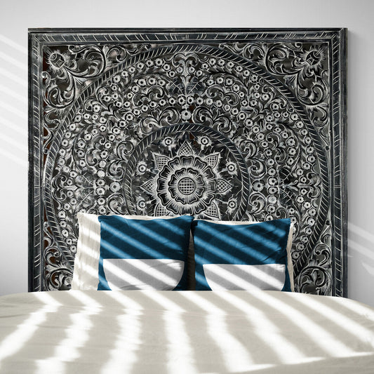 Carved Bed Headboard "Peony" - Monochrome