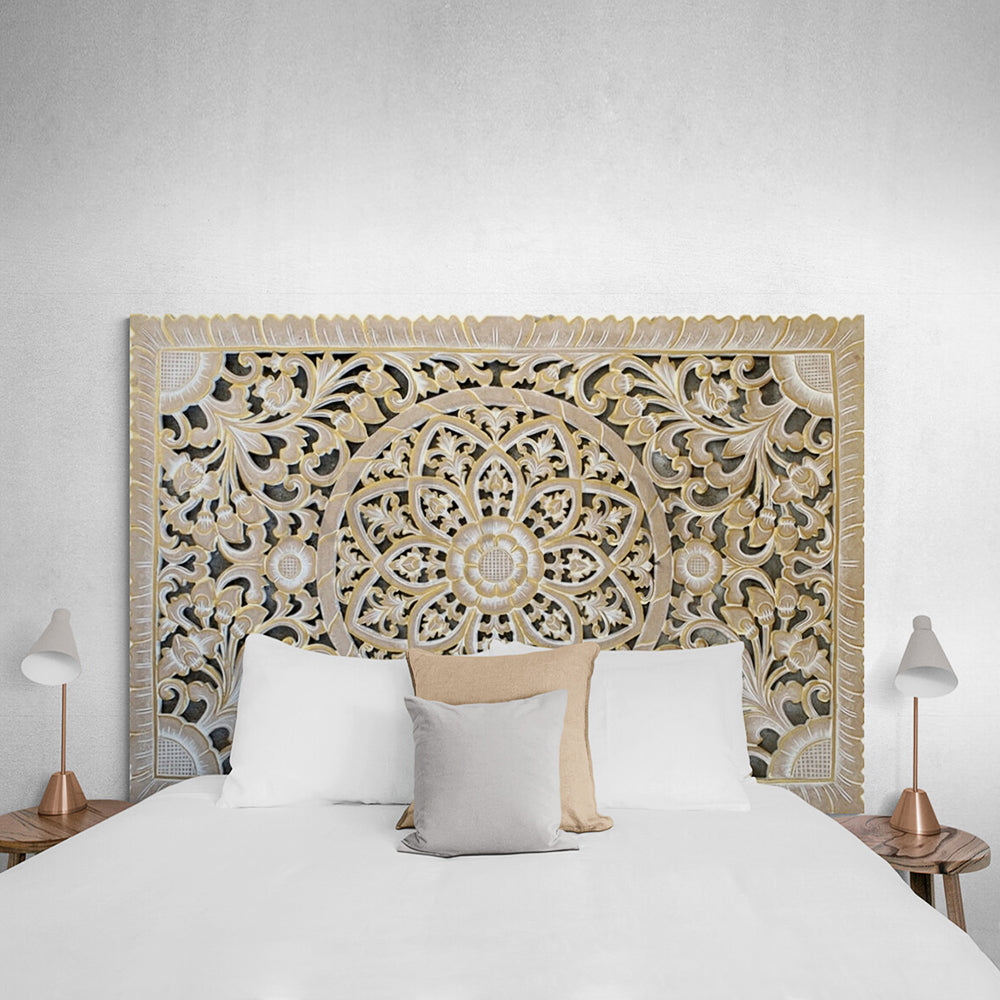 bed headboard kris gold white wash bali design hand carved hand made home decorative house furniture wood material