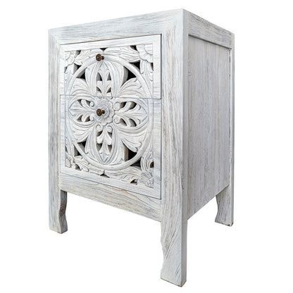 Custom Carved Bedside Table 'Amed' - White wash