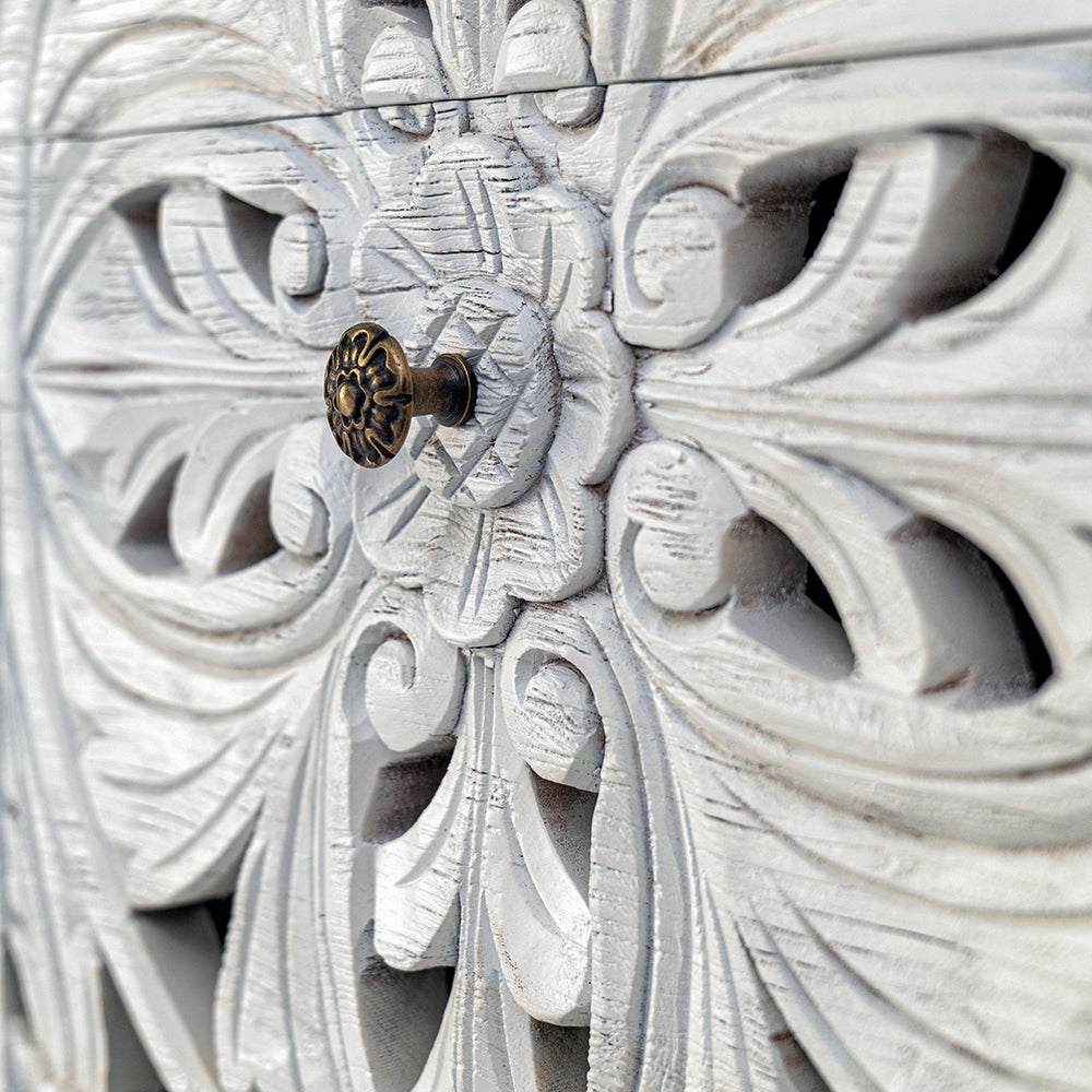 Custom Carved Bedside Table 'Amed' - White wash