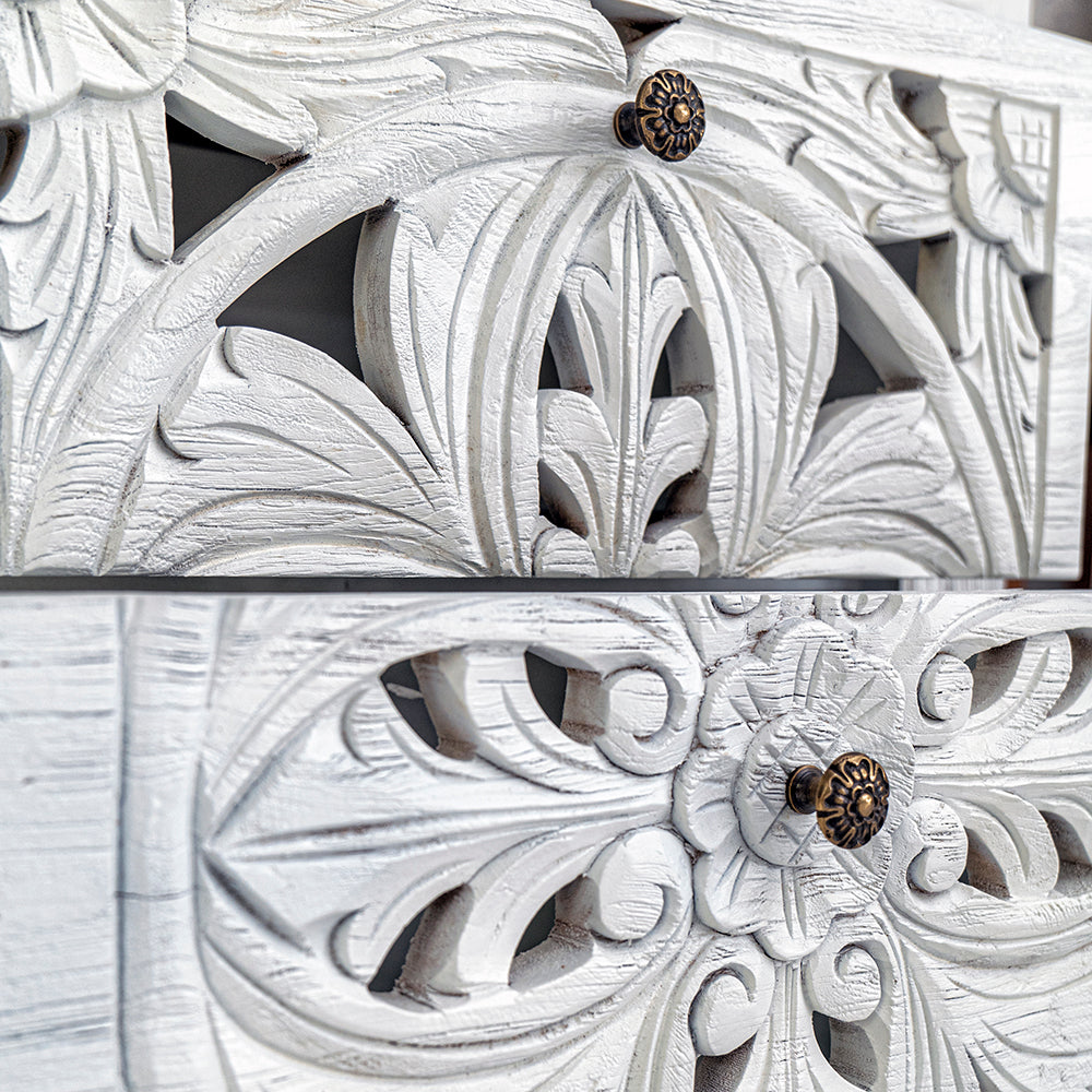 Custom Carved Bedside Table 'Amed' - White wash