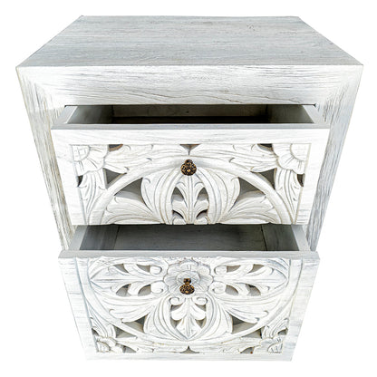 Carved Bedside Table 'Amed' - White wash