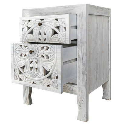 Custom Carved Bedside Table 'Amed' - White wash