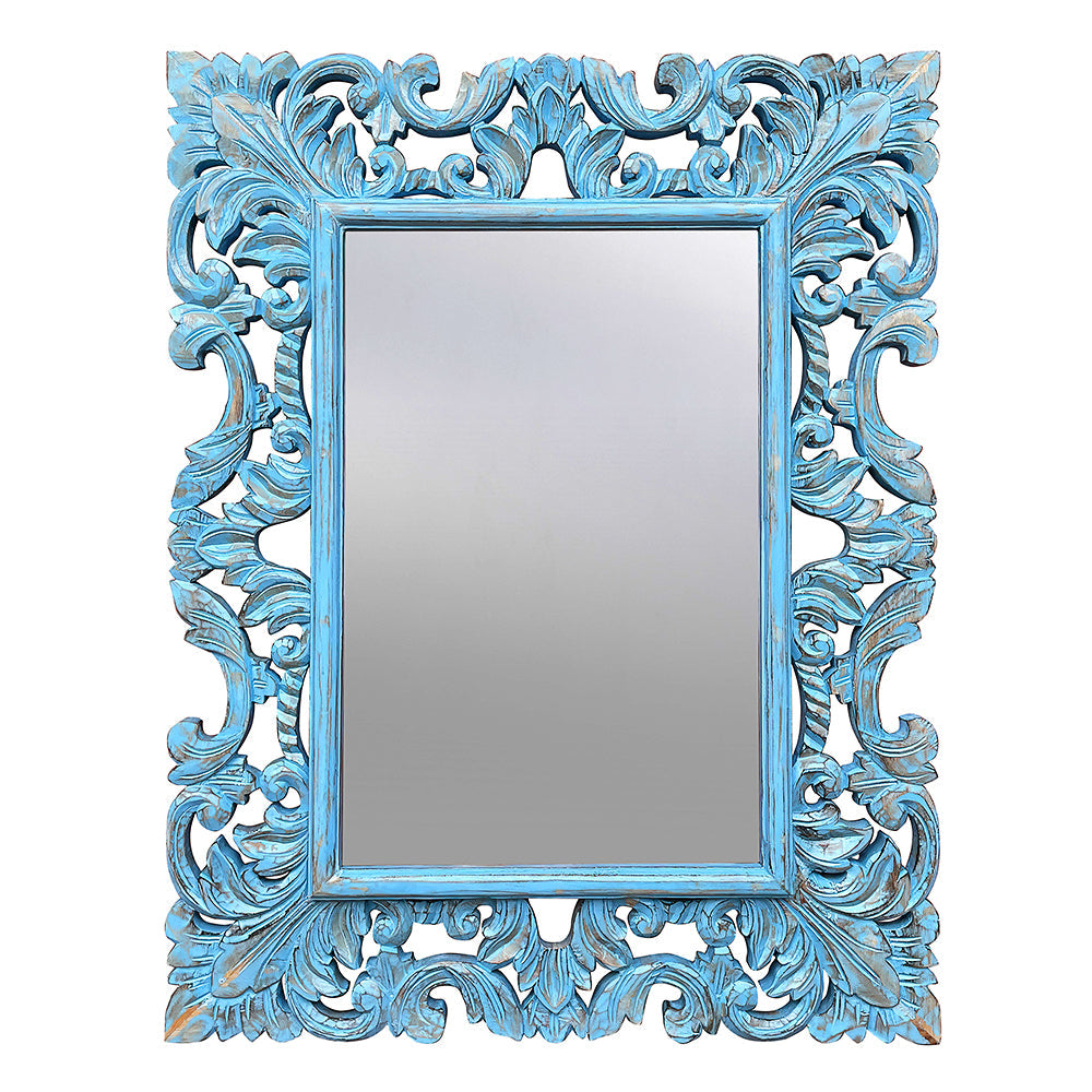 Hand Carved Mirror "Biru" Blue Wash - 90 cm