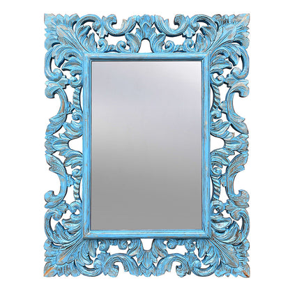 Hand Carved Mirror "Biru" Blue Wash - 90 cm