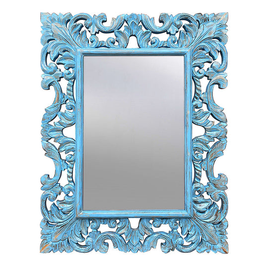 Hand Carved Mirror "Biru" Blue Wash - 90 cm