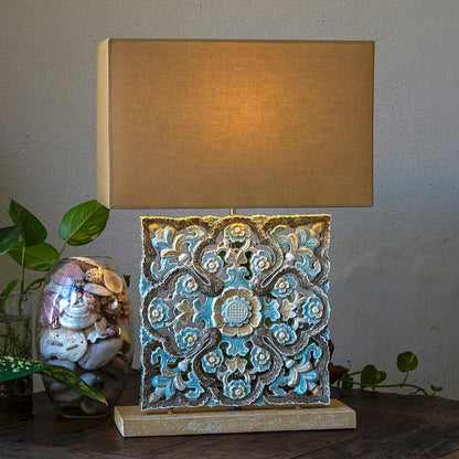 Carved Table Lamp 'Luwih' - Blue & Brown - Kulture Home Decor