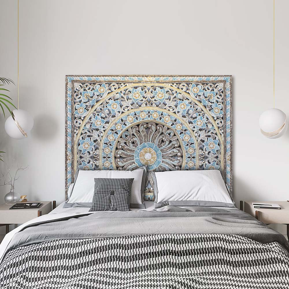 king size mandala bed headboard dianna blue wash bali design hand carved hand made decorative house furniture wood material decorative wall panels decorative wood panels decorative panel board balinese wall art