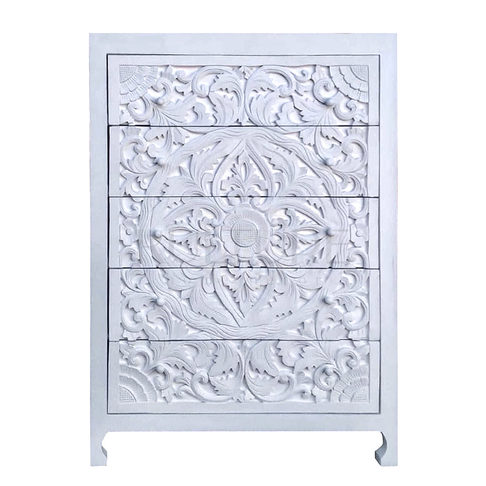 Wooden carved 5-drawer dresser 'Calyta' - White