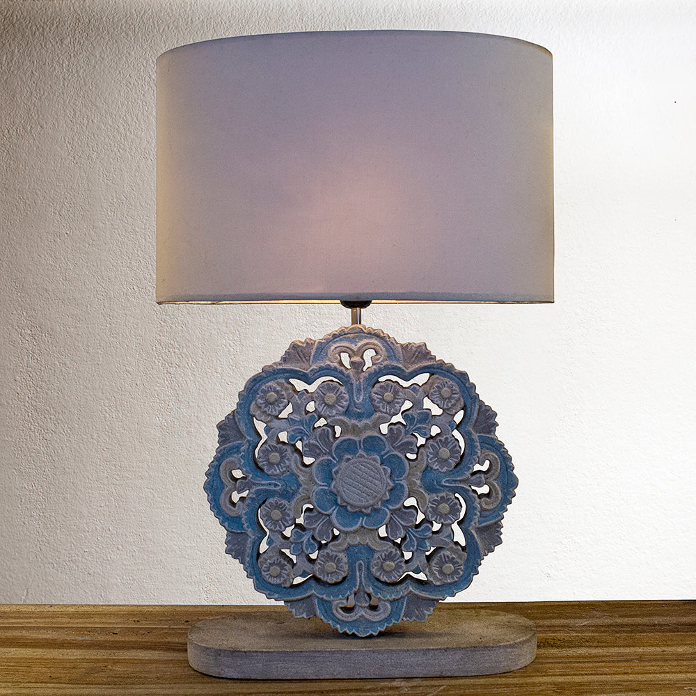 Carved Table Lamp 'Diya' - Blue