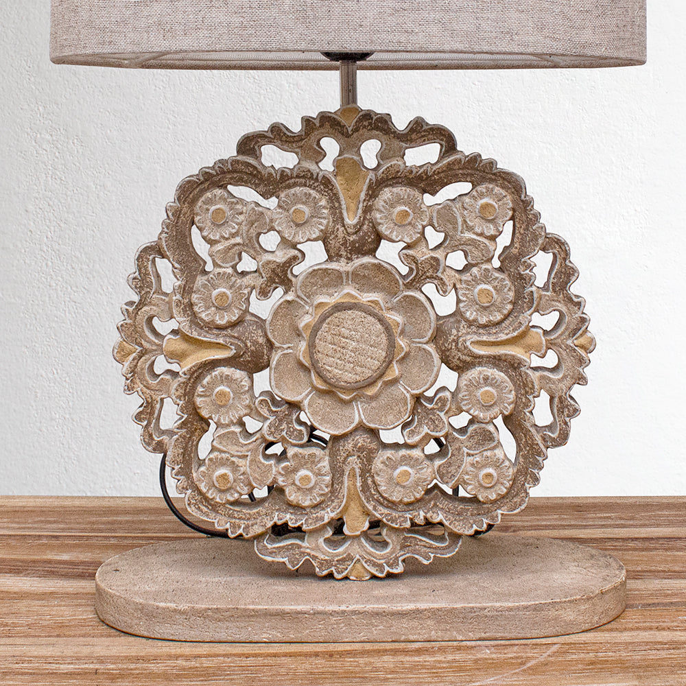 Carved Table Lamp 'Diya' - Brown