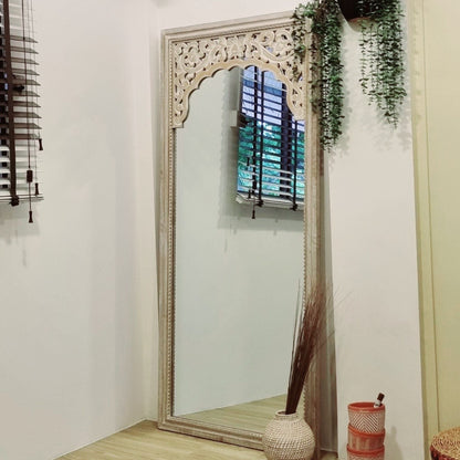 Hand Carved Mirror "Cahaya" in antic wash - 180 cm