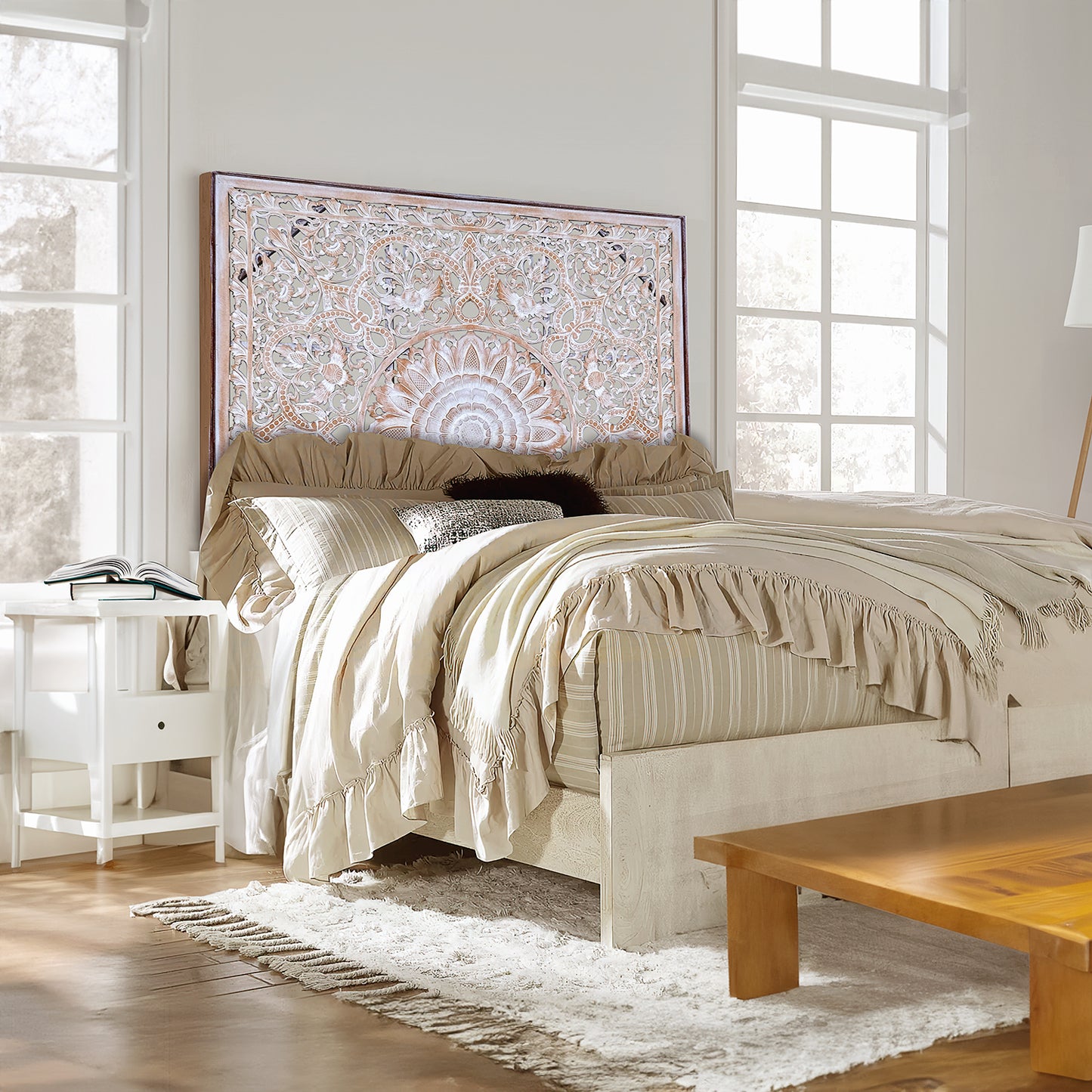 Carved Bed Headboard "Raflessia" - Antic-wash