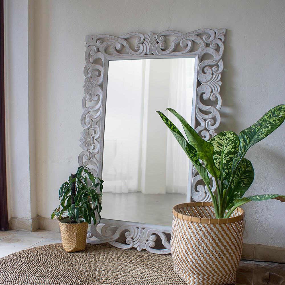 wood mirror bimasakti white wash bali design hand carved hand made home decorative house furniture wood material