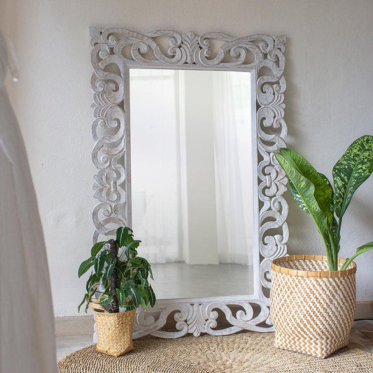 wood mirror bimasakti white wash bali design hand carved hand made home decorative house furniture wood material