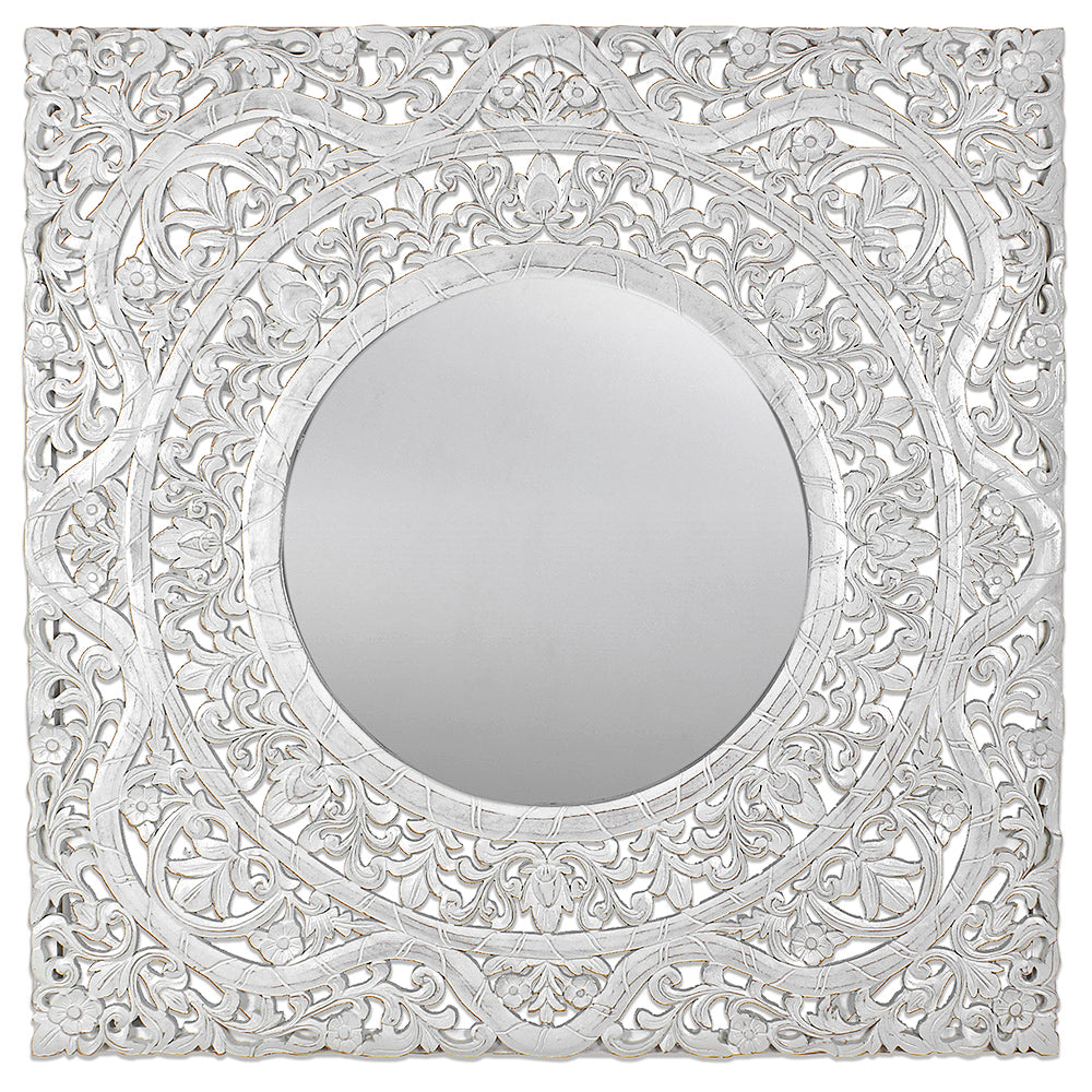 Hand Carved Mirror "Dewata" White Wash - 100 cm