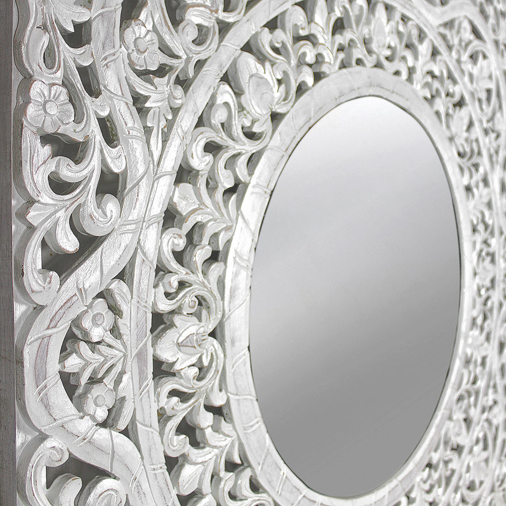 Hand Carved Mirror "Dewata" White Wash - 100 cm