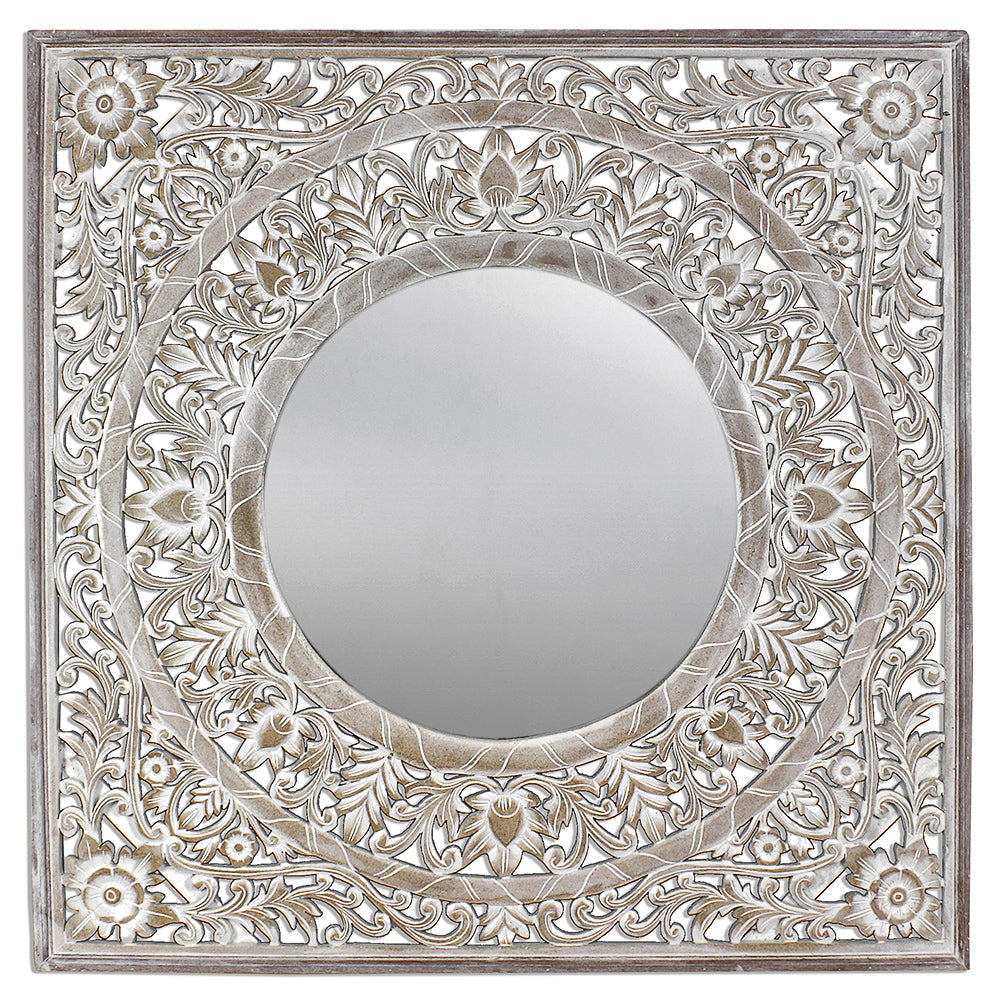 Hand Carved Mirror "Kilau" Antic-wash - 70 cm