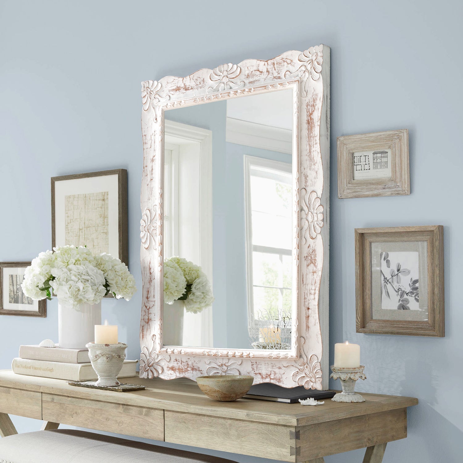 Hand Carved Mirror Pertiwi White Wash 90  cm