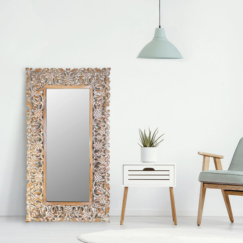 Custom Hand Carved Mirror "Semesta" Natural Wash - 150 x 70 cm